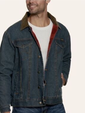 Wrangler Denim Jacket with Brown Corduroy Collar and Red Lining